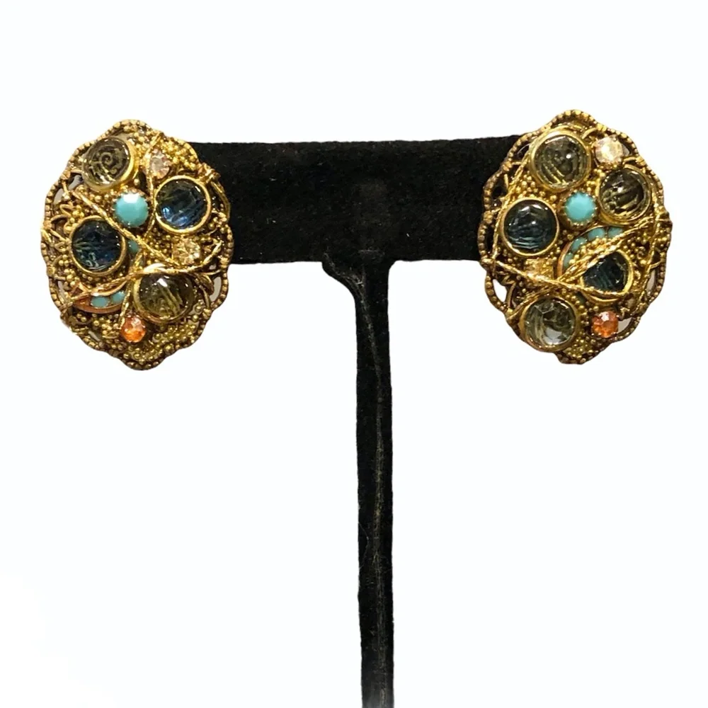 VINTAGE BLUE & TURQUOISE CRYSTAL & MIXED MEDIA ARTISTIC EARRINGS